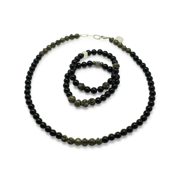 PYRITE NECKLACE WITH 925 SILVER SKULL BEAD--25 PYRITE NECKLACE W/ SKULL BEAD--25\