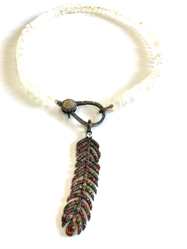 Rainbow Moonstone Tourmaline Feather Necklace