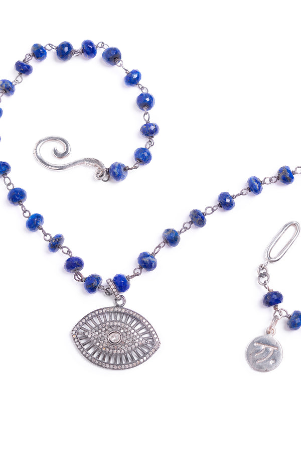 Diamond Evil Eye of Blue Lapis Silver Necklace